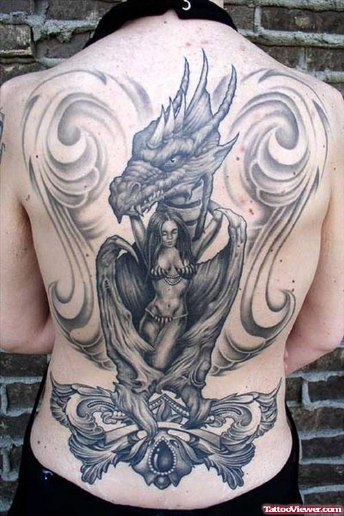 Trendy Grey Ink Dragon Tattoo On Back Body