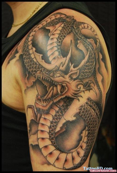 New Grey Ink Dragon Tattoo On Left Half Sleeve