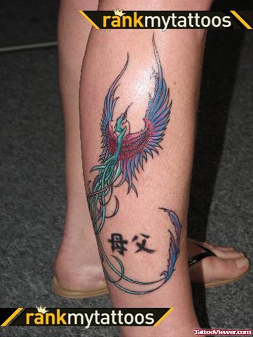 Dragon Phoenix Colored Ink Tattoo On Right Leg