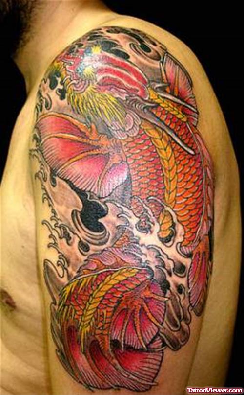 Colored Dragon Tattoo On Man Left Half Sleeve