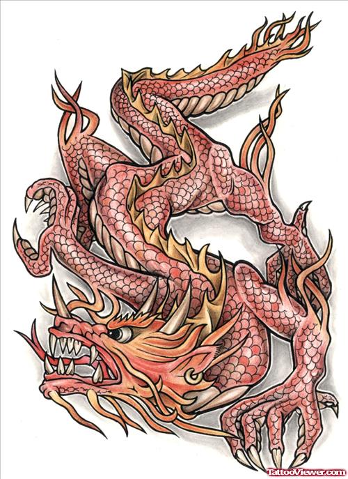 Awesome Colored Red Ink Dragon Tattoo Design