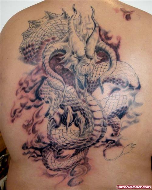 Grey Ink Dragon Back Body Tattoo