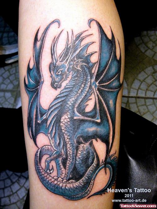 Blue Ink Open Wings Dragon Tattoo