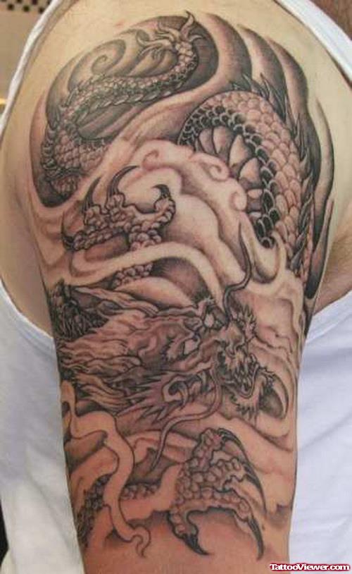 Best Grey Ink Dragon Tattoo On Right Half Sleeve