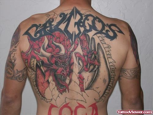 Tribal And Red Ink Dragon Tattoo On Back Body