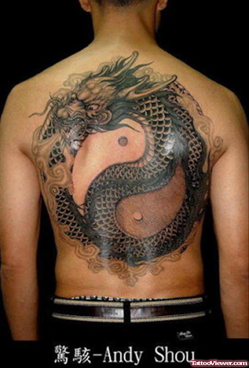 Impressive Grey Ink Dragon Tattoo On Man Back Body