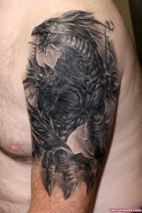 Grey Ink Dragon Tattoo On Man Left Half Sleeve