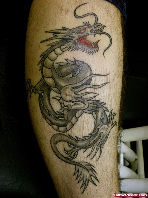 Chinese Grey Ink Dragon Tattoo On Leg