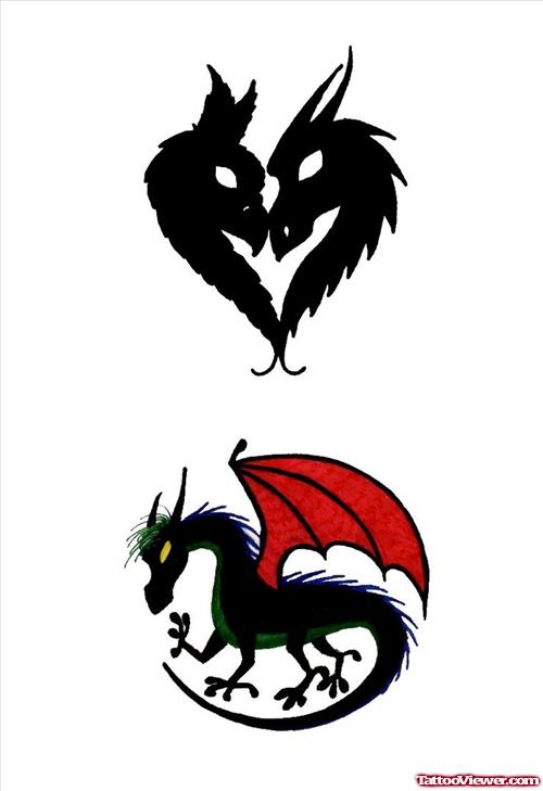 Dragon Heads And Dragon With Red Wings Tattoo Design