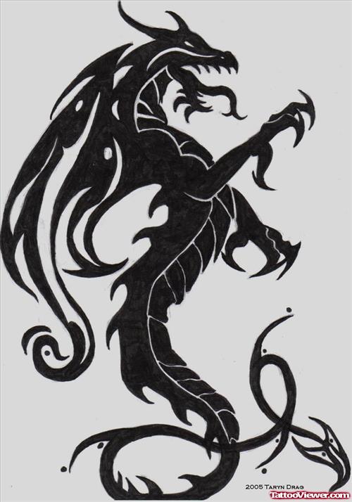 Beautiful Black Tribal Flying Dragon Tattoo Design