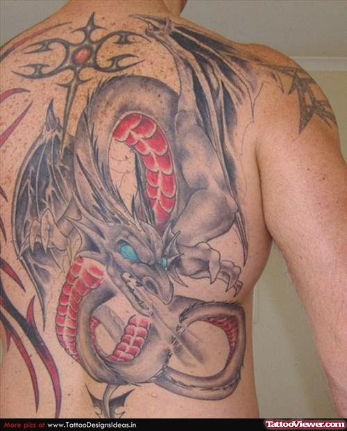 Awesome Grey Ink Dragon Tattoo On Man Back Body