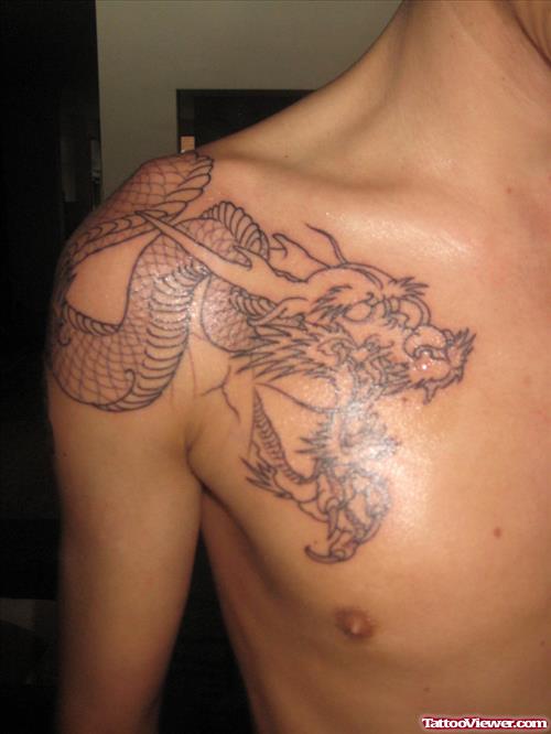 Right SHoulder Grey Ink Dragon Tattoo