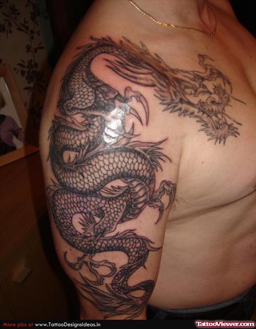 Best Grey Ink Dragon Tattoo On Man Right Half Sleeve