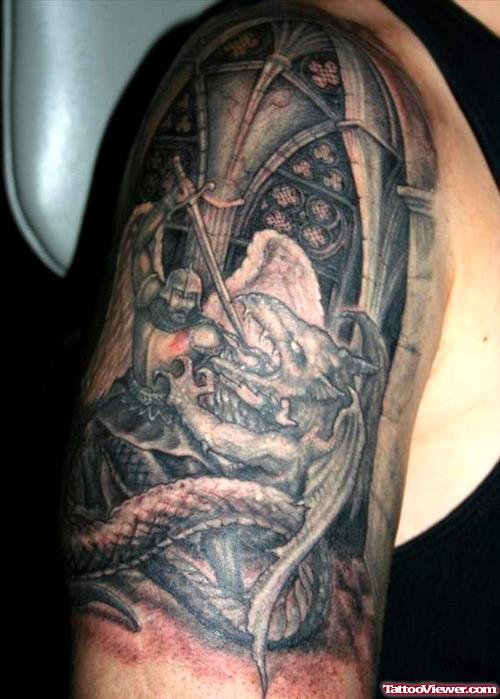 Beautiful Grey Ink Dragon Tattoo On Half Sleeve