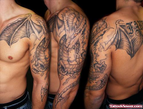Large Devil Winged Dragon Tattoo On Half Sleeve