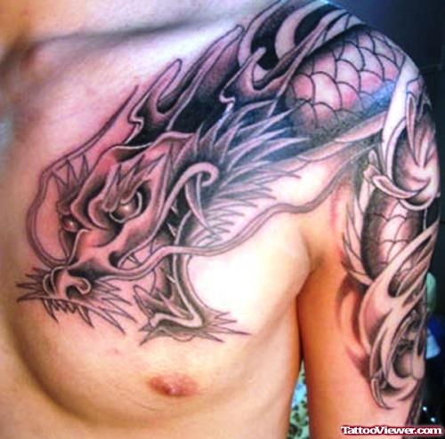 Impressive Grey Ink Dragon Tattoo On Left Shoulder