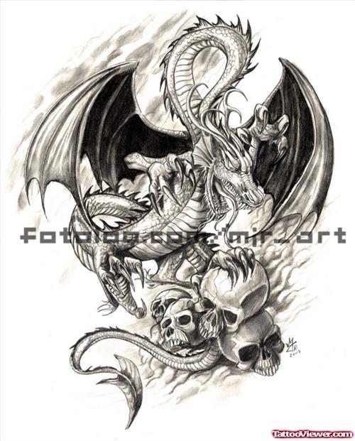 Grey Ink Skulls And Dragon Tattoo Design
