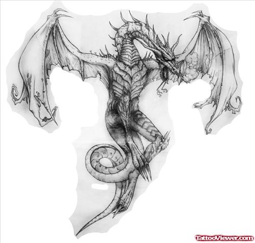 Beautiful Grey Ink Open Wings Dragon Tattoo Design