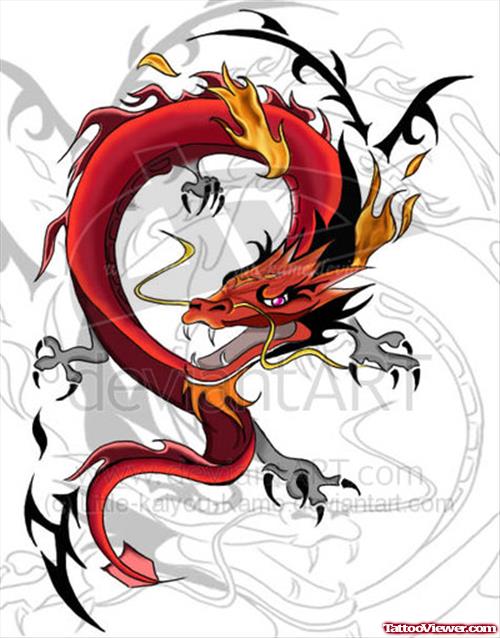 Tribal And Red Dragon Tattoo Design