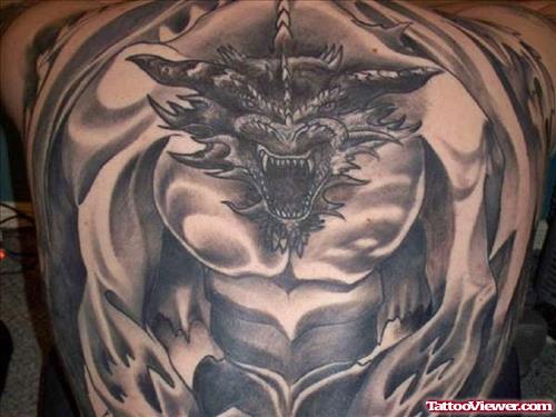 Grey Ink Dragonn Tattoo On Full Back