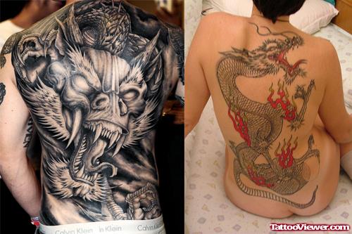Grey Ink Dragon Back Body Tattoo For Girls And Men