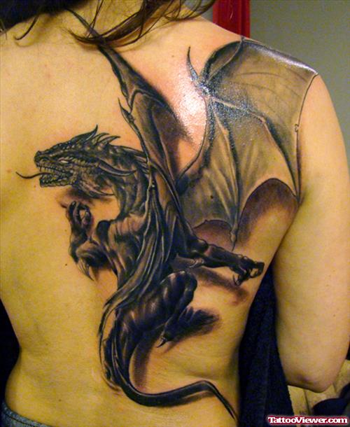 Black Ink 3D Dragon Tattoo On Back Body