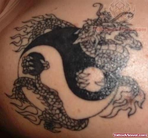 Yin Yang And Dragon Grey Ink Tattoo