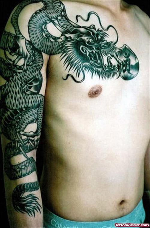 Grey Ink Dragon Tattoo On Right Sleeve