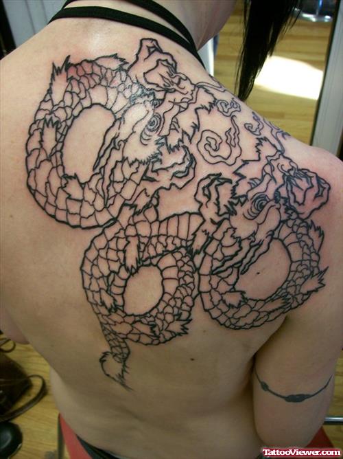 Double Head Dragon Tattoo On Right Back Shoulder