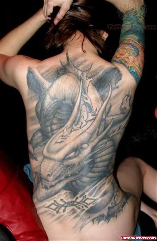 Grey Ink Dragon Tattoo On Back