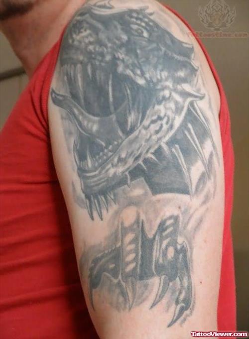 Dragon Skull Grey Ink Tattoo