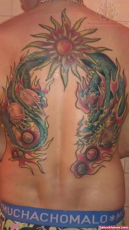 Suan And Dragon Tattoos On Back