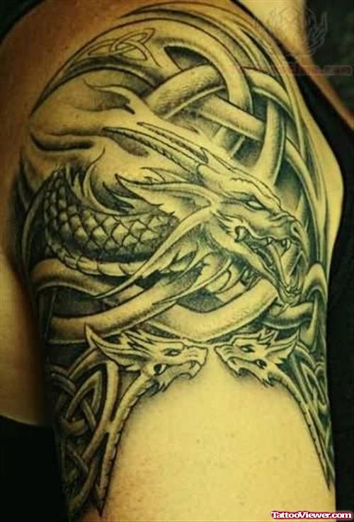 Grey Ink Dragon Tattoo On Shoulder