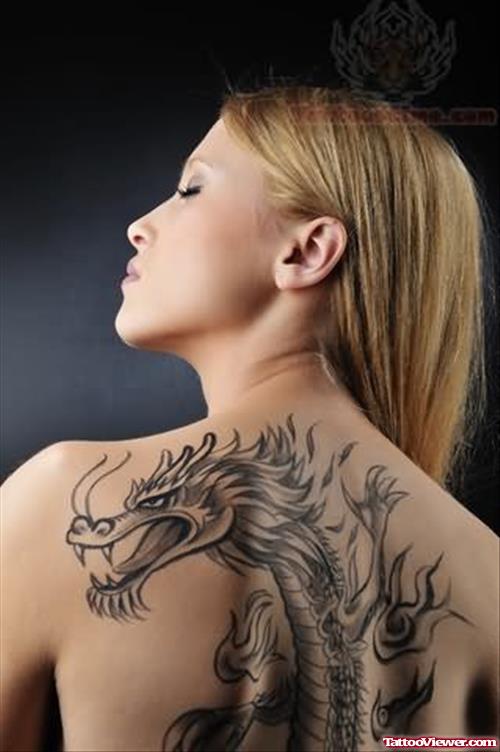 Grey Ink Dragon Tattoo On Back For Girls