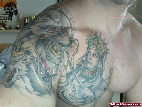 Crown Dragon And Lady Tattoo On Shoulder