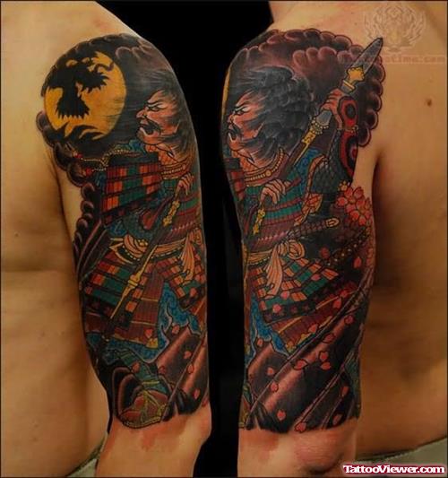 Samurai Dragon Moon Tattoo On Bicep