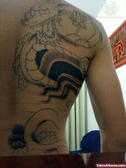 Outline Dragon Back Shoulder Tattoo