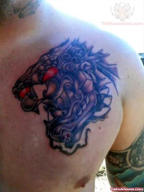 Red Eyes Dragon Head Tattoo On Chest