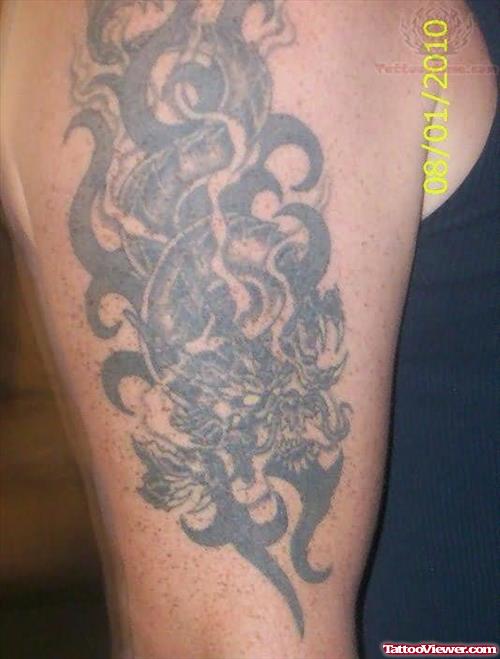 Dragon Grey Ink Tattoo On Bicep