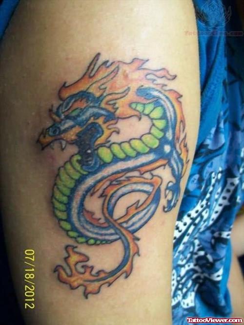 Color Ink Dragon Tattoo On Bicep