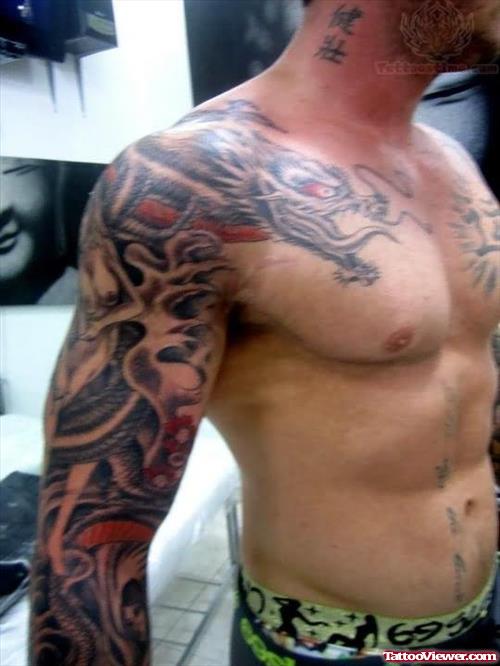 Japanese Dragon Tattoo On Sleeve And Chest