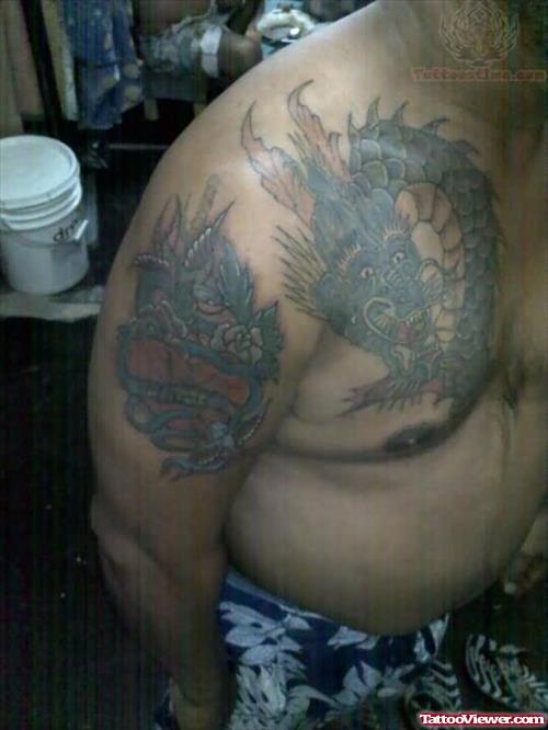 Blue Chinese Dragon Tattoo On Chest
