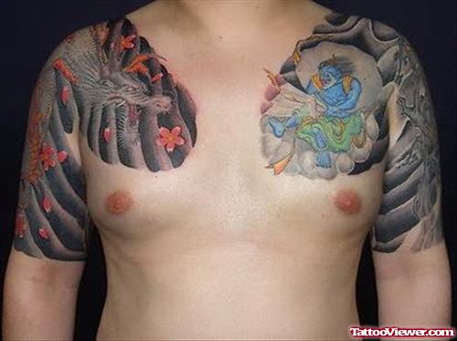 Dragon Tattoo On Chest And Shoulders