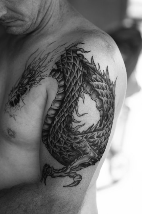 Man Left Shoulder Dragon Tattoo
