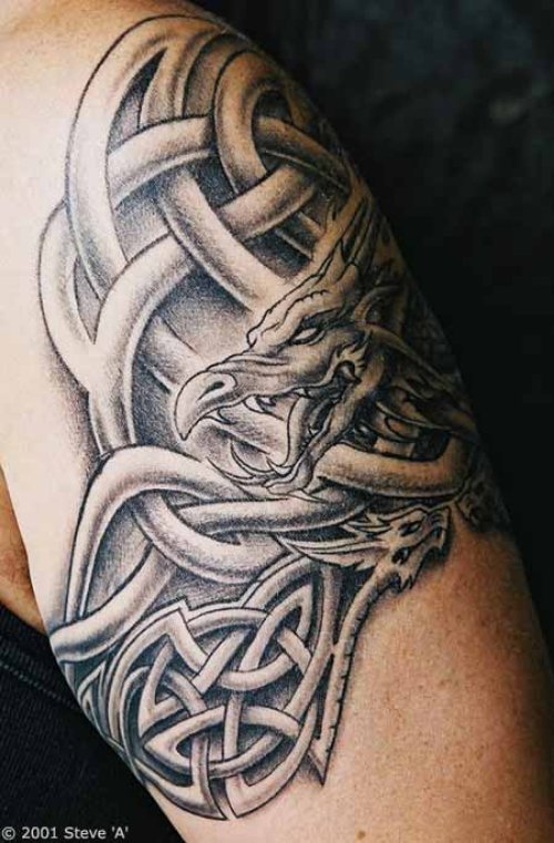 Grey Ink Tribal And Dragon Tattoo On Right Half Sleeve