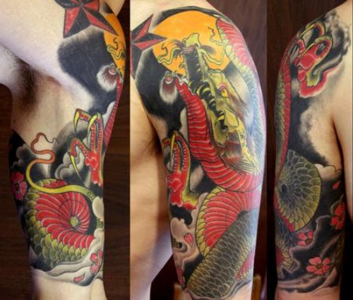 Japanese Colored Dragon Tattoo On Half Sleeve