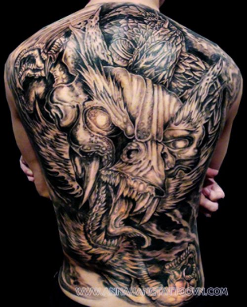 Simple Grey Ink Dragon Tattoo On Back Body