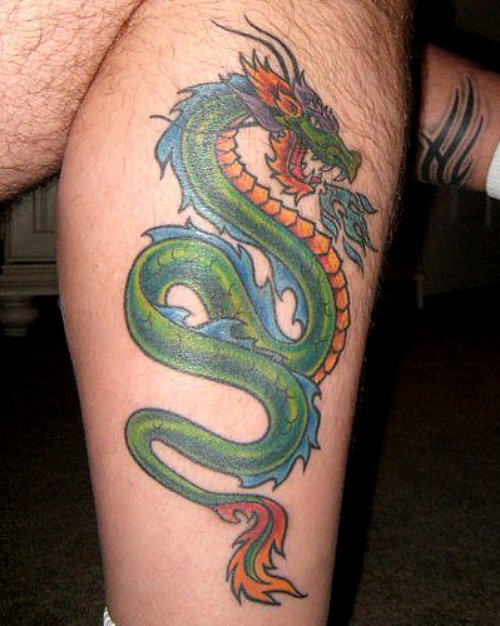 Green Dragon Tattoo On Leg