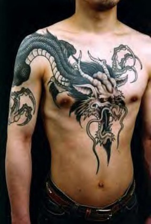 Wonderful Grey Ink Dragon Tattoo On Man Chest