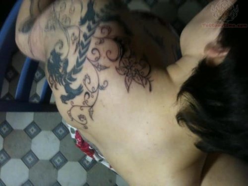 Flower and Dragon Tattoo On Uppershoulder